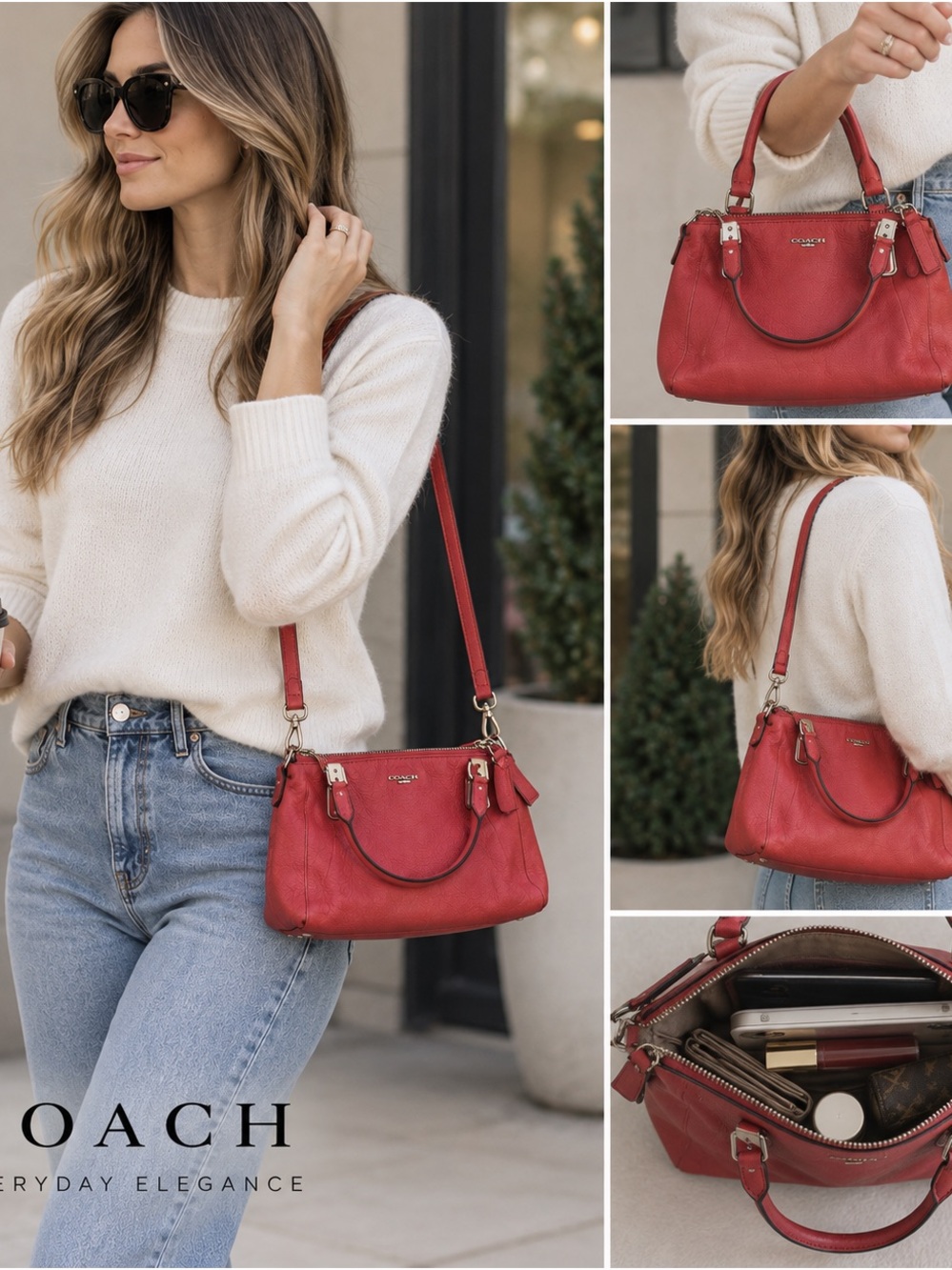 Coach Red Pebbled Leather Satchel with Adjustable Crossbody Strap